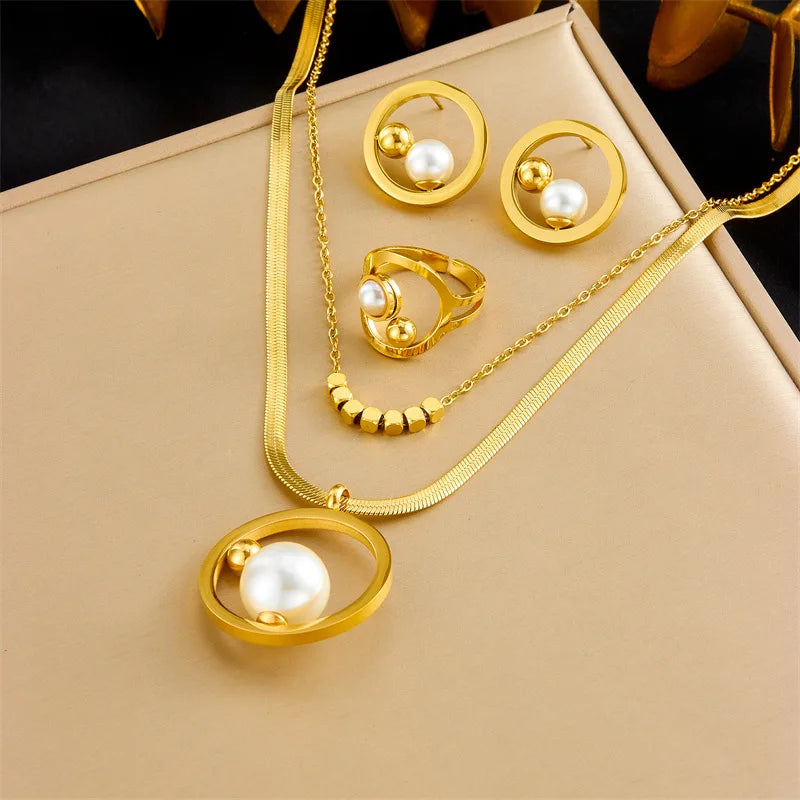 High Quality Fashion Stainless Steel Geometric Necklace Earrings and Ring Set with Pearl Women Luxury Gold Jewelry Set