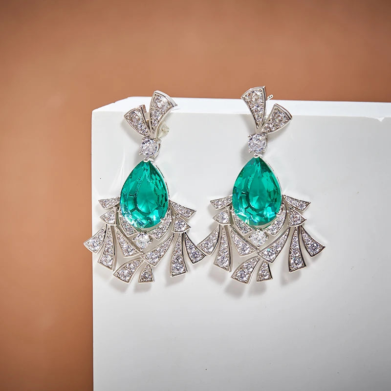 High Quality Jewelry Plated with Brass Green Gemstone Necklace Earrings  Exaggerated Fashion Set  Women's Pendant Necklace