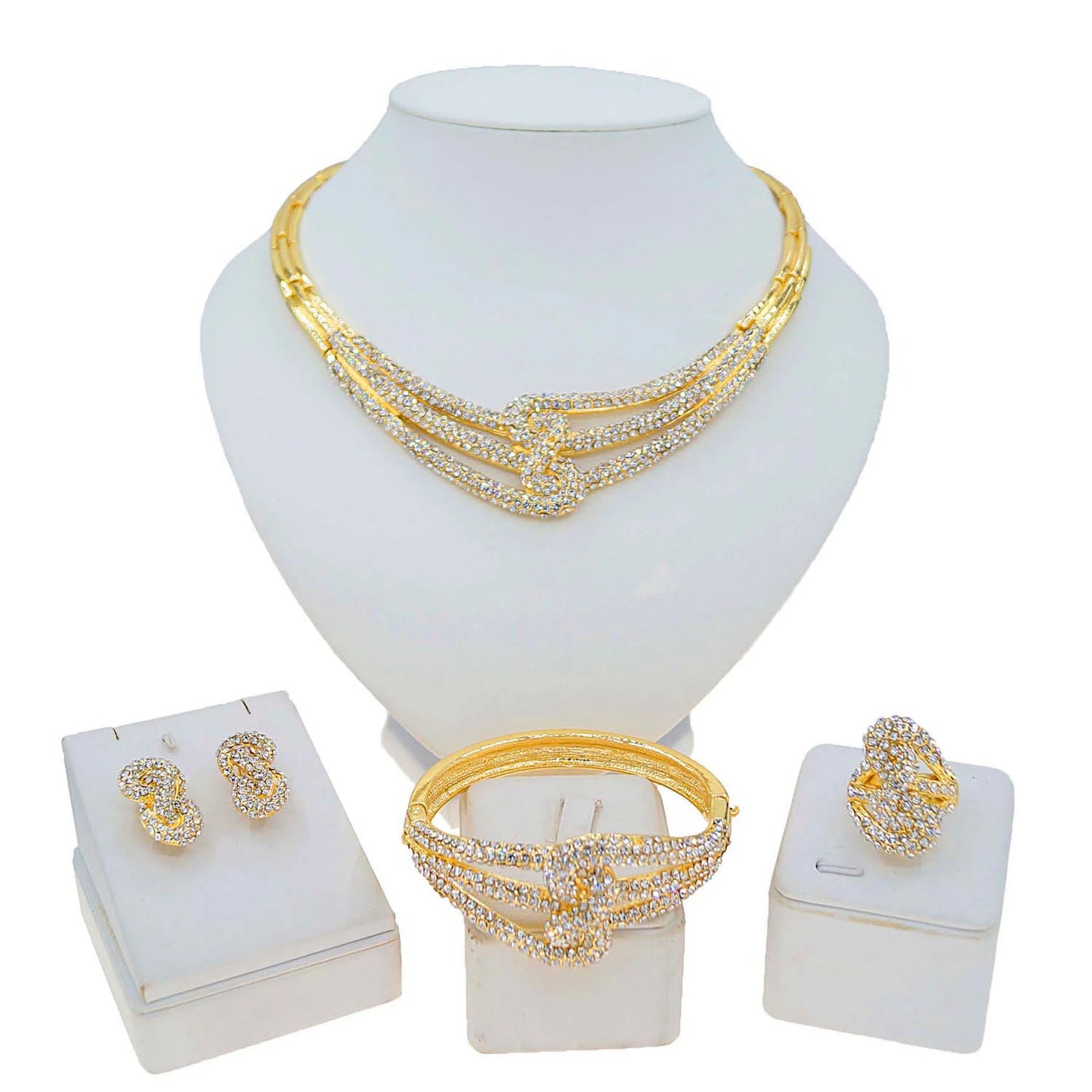 Zhuerrrui Fashion Diamond Set Jewelry Four Sets of New Gold Shiny Luxury High-grade Charm Earrings Ring Women's JewelryHA240501