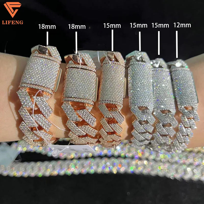 Men's 925 Sterling Silver Hip Hop Cuban Chain Bracelet/Necklace Set White/Rose Gold 925 VVS Moissanite Moissanite Necklaces