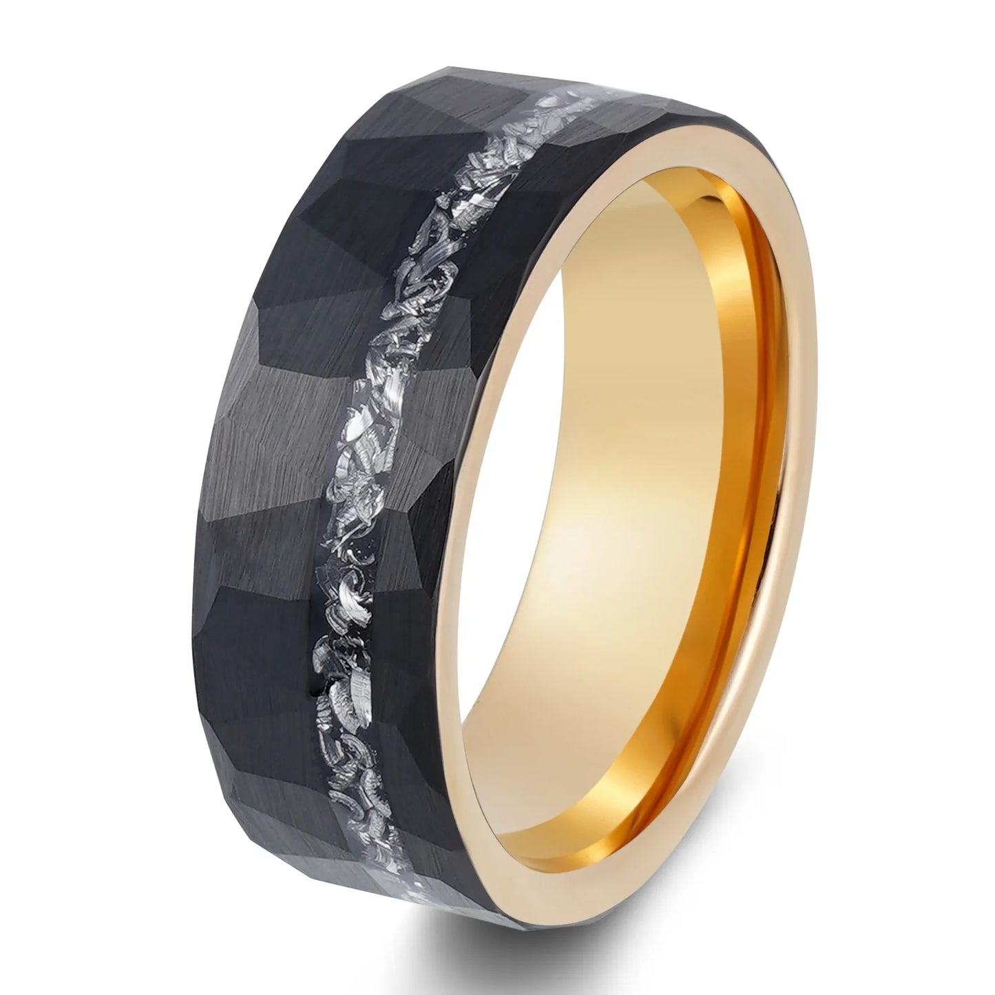 Tungsten Carbide Ring 8mm Black Brushed Geometric Pattern with Gold Inner Rim Scratch-Resistant Iron Shavings Men's Wedding Ring