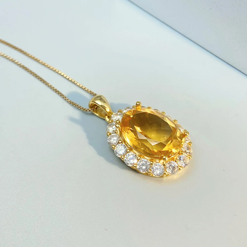 Gioiellieri 925 Sterling Silver Natural Citrine Pendant November Birthstone Yellow Gemstone Oval Cut Solitaire Necklace Chain Engagement