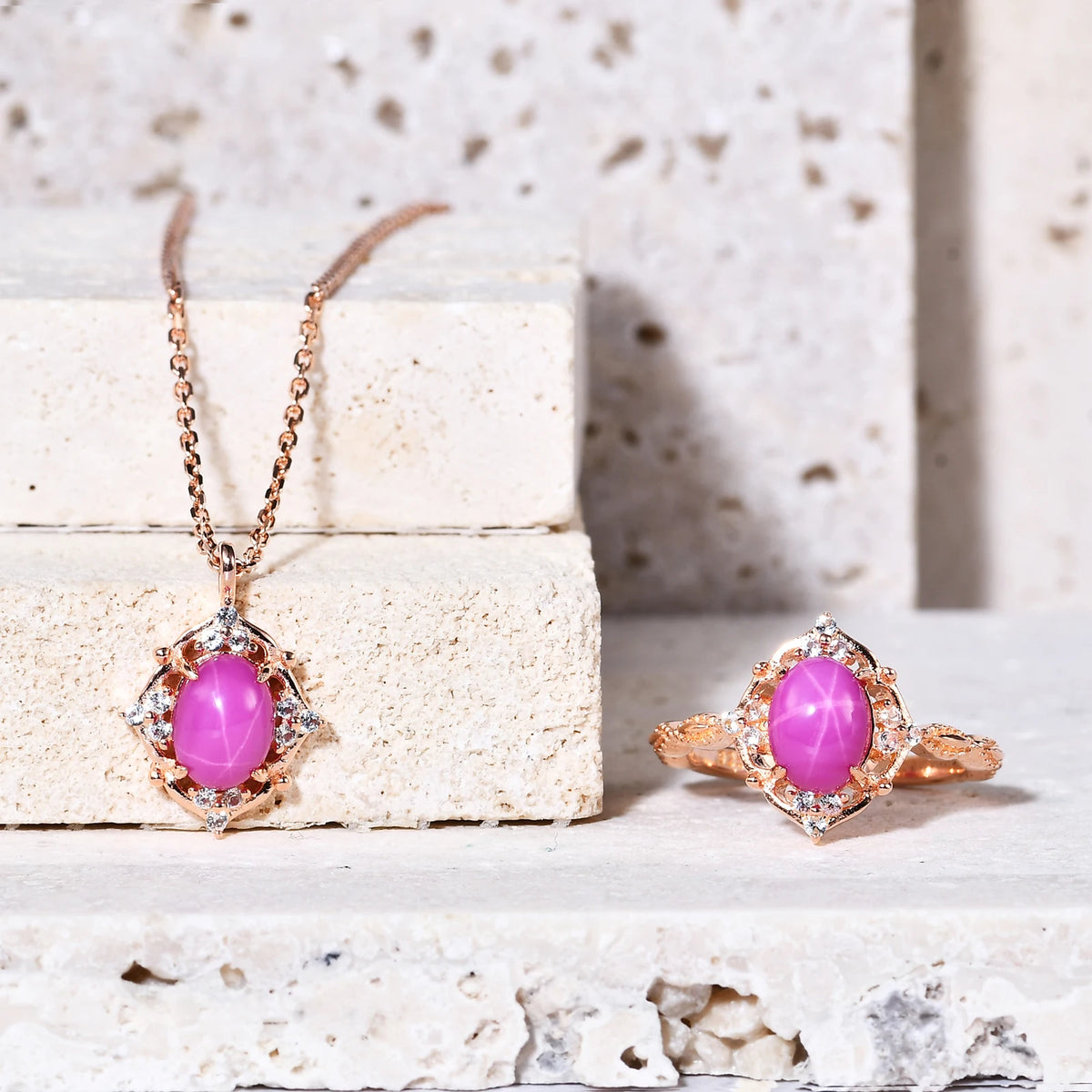 ArtistA Abiding Elegant Rose Gold Plated 925 Sterling Silver Cluster Cz Set Artificial Lab Grown Star Ruby Branch Flower Ring & Necklace