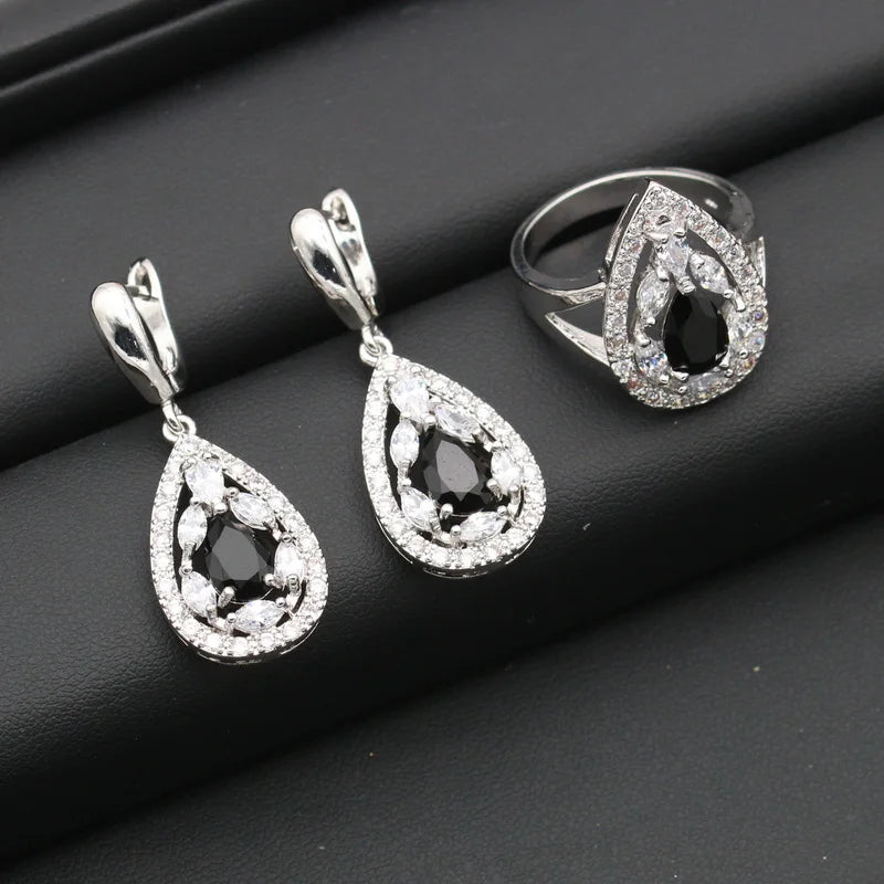 XOTICA Women's Silver Color Wedding Jewelry Set Black Cubic Zircon for Parties Earrings Necklace Pendant Ring Bracelet Halloween Gift