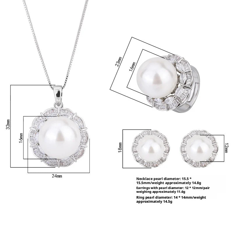 Fashion Eco-friendly Copper 16MM/12mm White Shell Pearl Handmade Bridal Pendant Earrings Ring Set Pearl Jewelry Sets for Brides