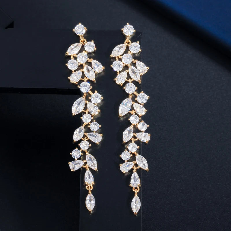 S&S CZ Crystal Leaf Drop Earrings – Marquise Cut – Rose Gold, Gold & Silver – Collection