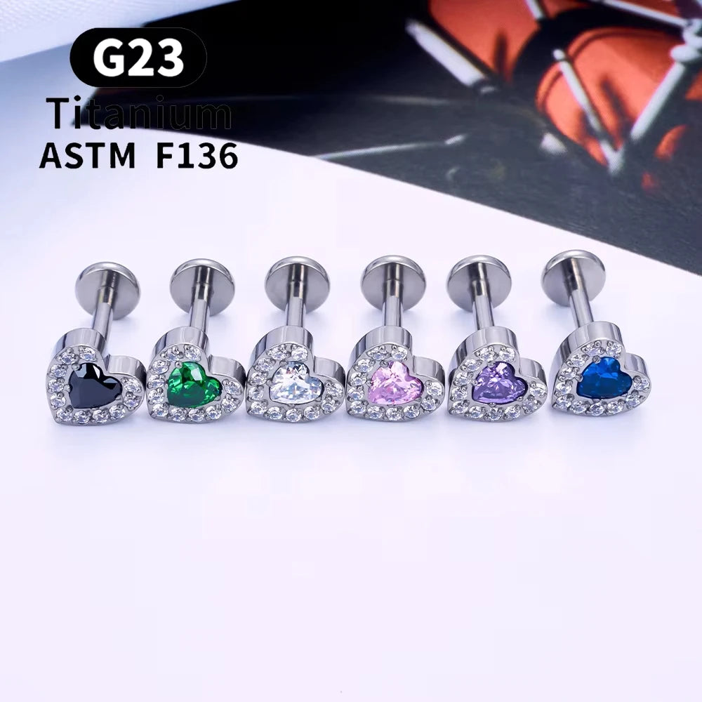 G23 Titanium Triangle Heart Fox Tragus Cartilage Helix Daith Piercing Stud Earrings for Women 16G CZ Ear Stud Pierc Body Jewelry