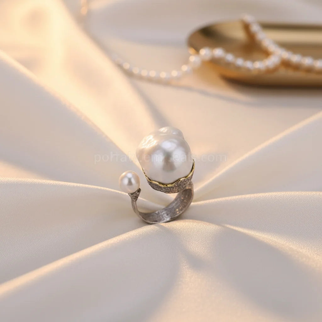 Handmade Italian Engagement 925 Sterling Silver Baroque Pearl Ring