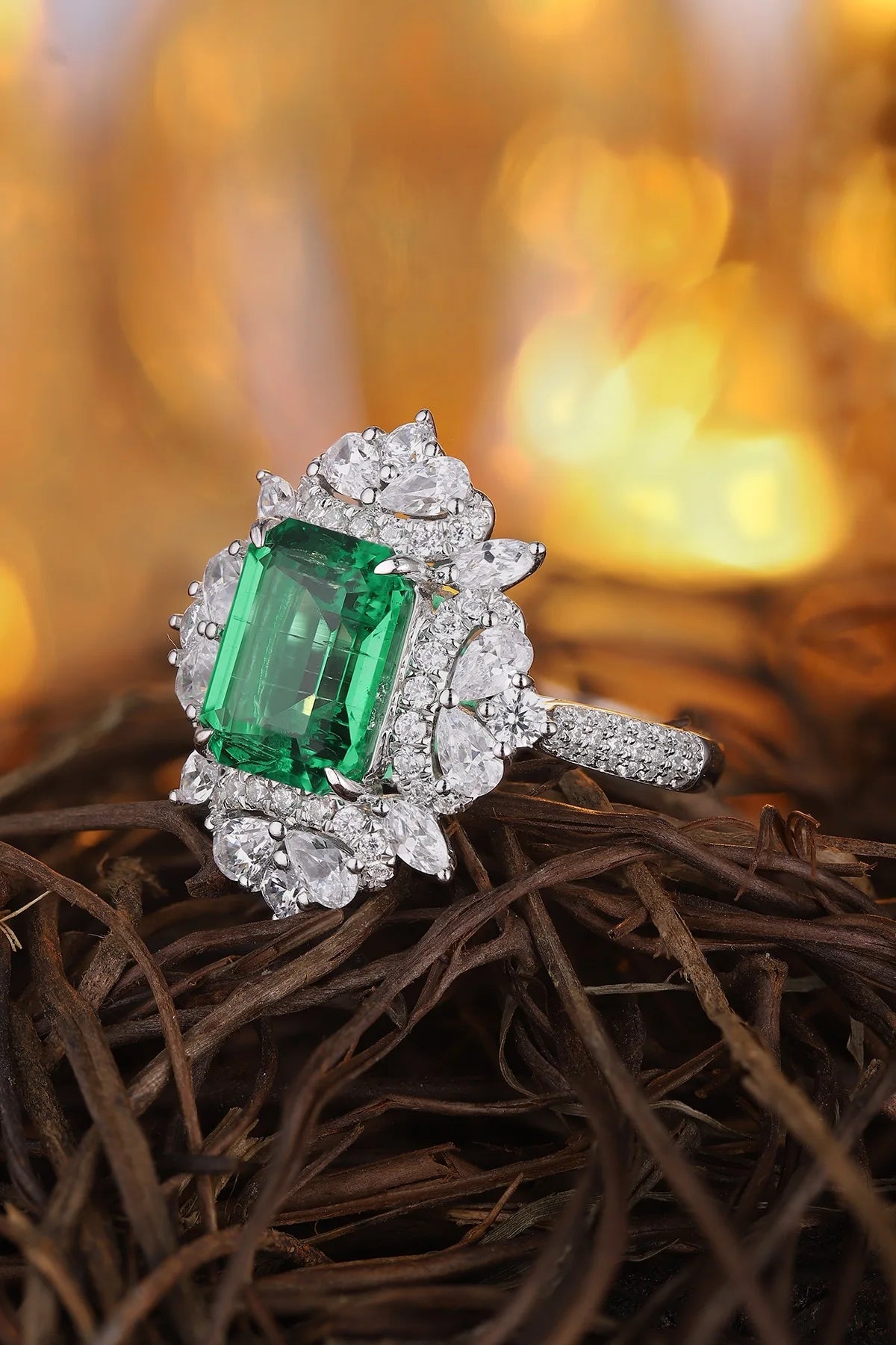 Gemfiori Anster 925 Sterling Silver High Quality Gemstone 3.2ct Lab Created Zambia Emerald Cut Ring Jewelry