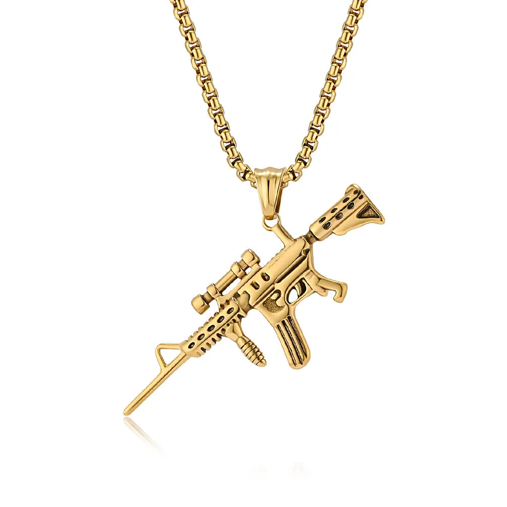 OAHLAN Wholesale 18K Gold Plated M416 Assault Rifle Retro Hip Hop Stainless Steel Pendant Necklace Fashion Jewelry for Men Gifts