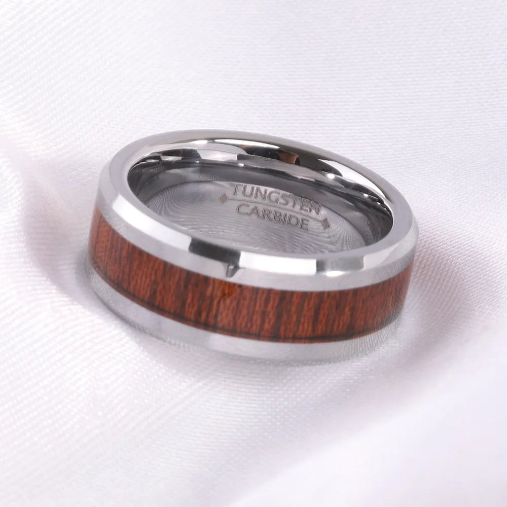 Vintage 8mm Classic Tungsten Carbide 18K Gold Plated Wood Inlay Geometric Wedding Band Ring for Men Nature Collection