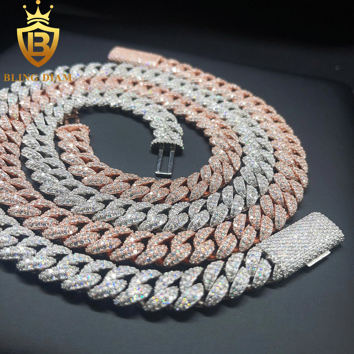 BiG-BOSS In Stock 12mm Moissanite Cuban Link Chain Necklace Iced Out 925 Silver diamond Rose Gold Cuban Chain Hi Hop Rapper Jewelry