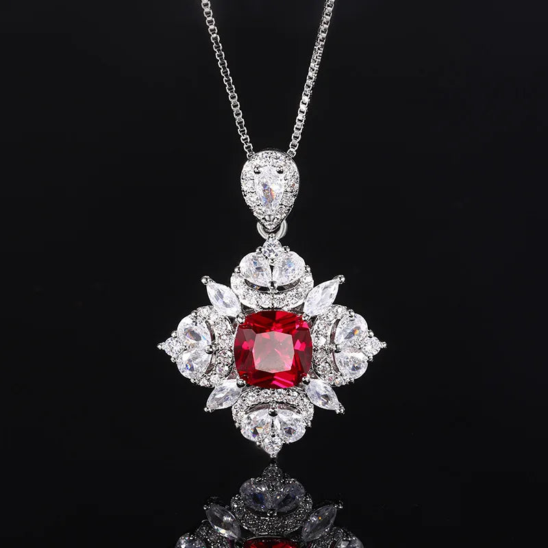 Gemfiori European and American Zircon Necklace Earrings Retro Red Zircon Pendant Light Luxury Ring Accessory Set