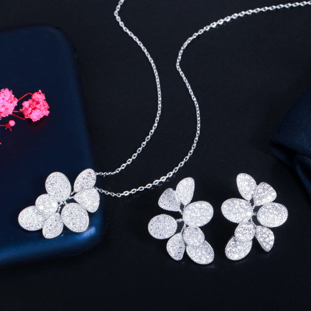Glitter Silver Plated Cubic Zirconia Big Delicate Leaf Shaped Chain Pendant Necklace Earring Bridal Jewelry Sets for Women