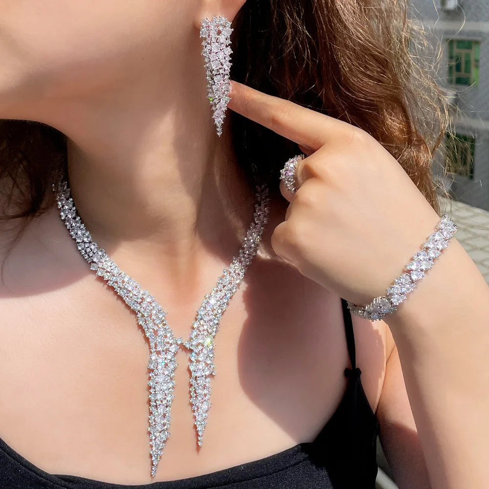 Dubai Brilliant CZ Heave Crystal Necklace Earrings Set 4Pcs Luxury Silver Women's Jewelry Dinner Party Wedding Bridal Gift