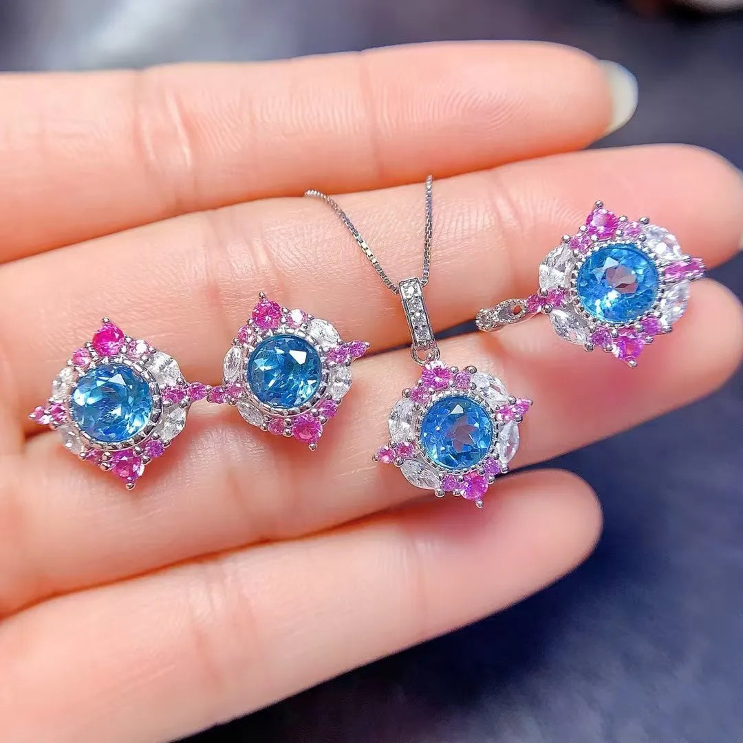 Natural Swiss Topaz Jewelry Set 925 Sterling Silver Round Cut Necklace Ring Earrings November Birthstone Bridal Gift for Her