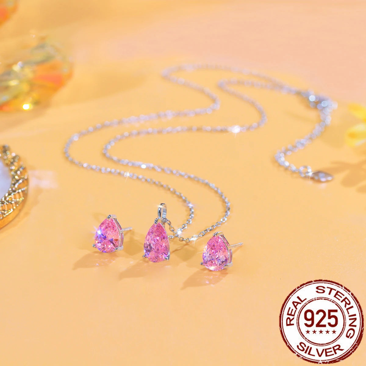Beauty 925 Sterling Silver Jewelry Set Pink CZ Water Drop Pendant Necklace Stud Earrings Jewelry Set for Women Girls Party Wear