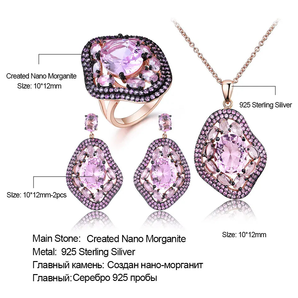 Nano Pink Morganite Jewelry Sets Gemstone Pendant Necklace Rings Drop Earrings 925 Sterling Silver for Women Best Gift