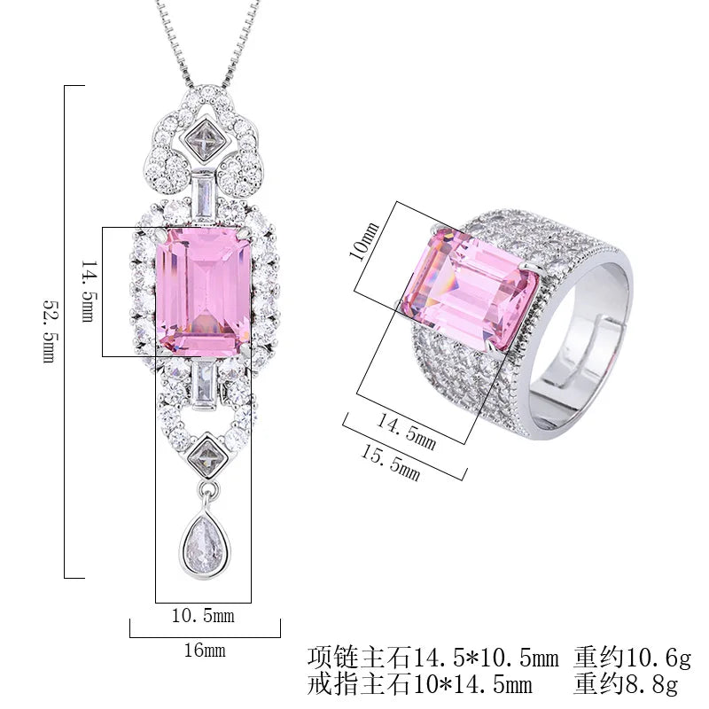 Gemfiori European and American Style High-end and Atmospheric Zircon pink Pendant Ring Set with Temperament Accessories