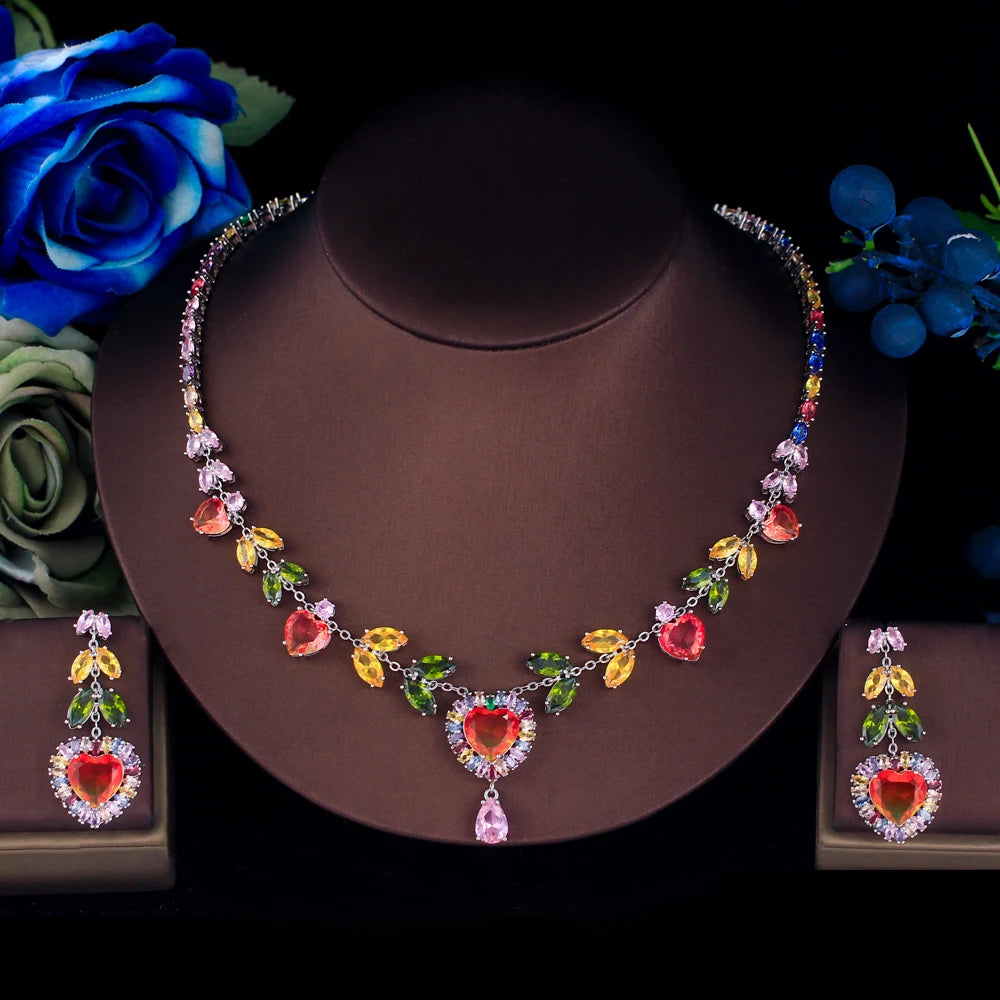 Luxury Multicolor Cubic Zirconia Big Heart Drop Earrings and Necklace Women Bridal Wedding Party Jewelry Set