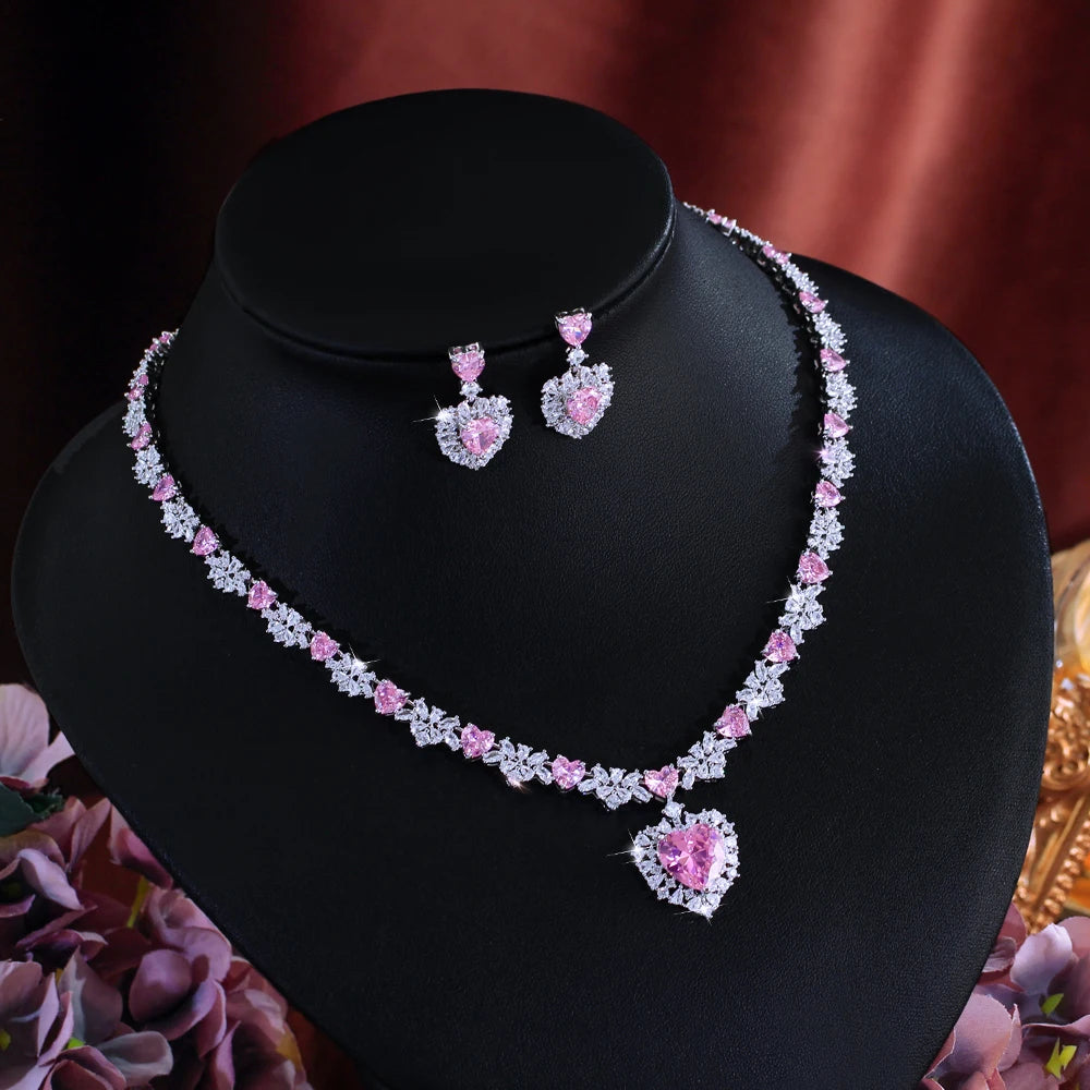 Delicate Sparkling Pink White Cubic Zirconia Bridal Wedding Party Love Heart Earrings and Necklace Jewelry Set for Women