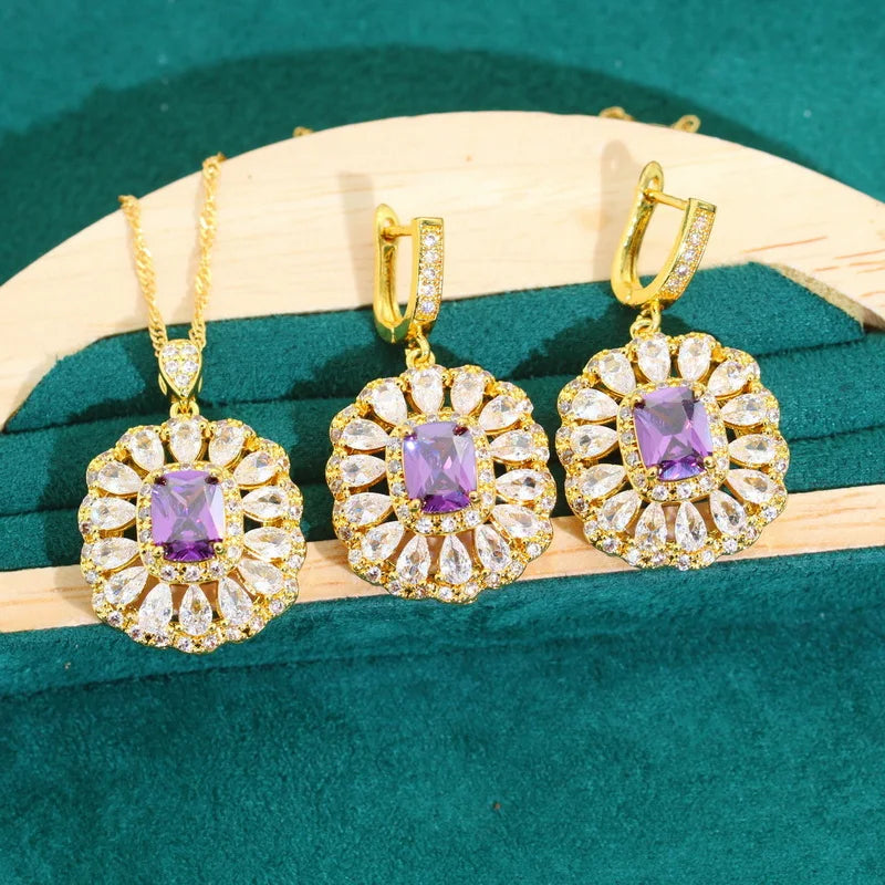 XOTICA Noble Purple Zircon Jewelry Set for Women Gold Color Earrings Necklace Pendant Ring Bracelet for Wedding Party Birthday Gifts