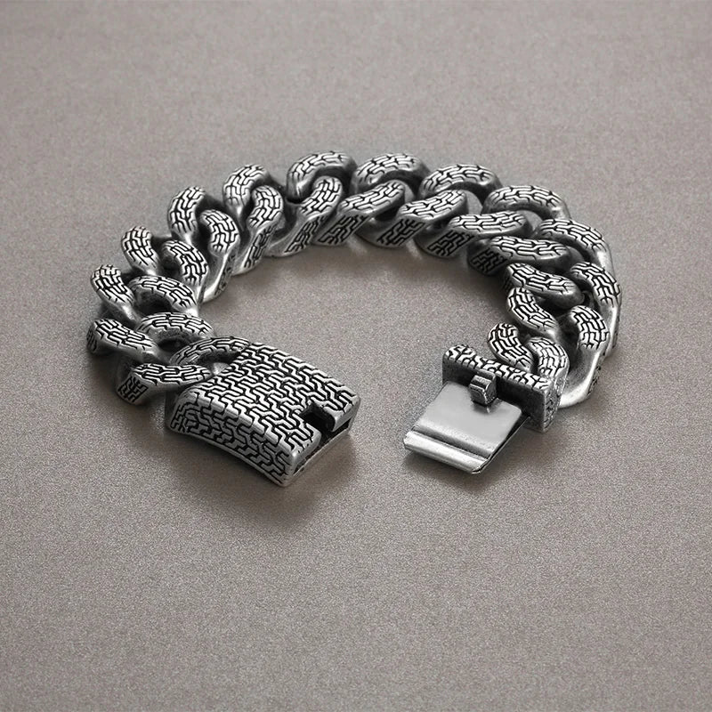 KALEN Men Retro 220mm Stainless Steel Tire Mark Cuban Links Bracelet