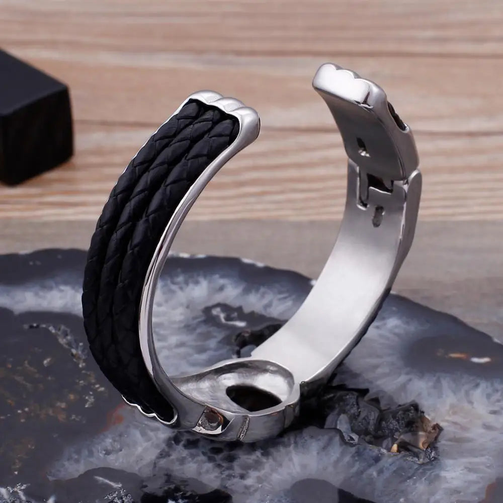 VIKING Mens Trendy Leather & Stainless Steel Cuff Bracelet – Silver