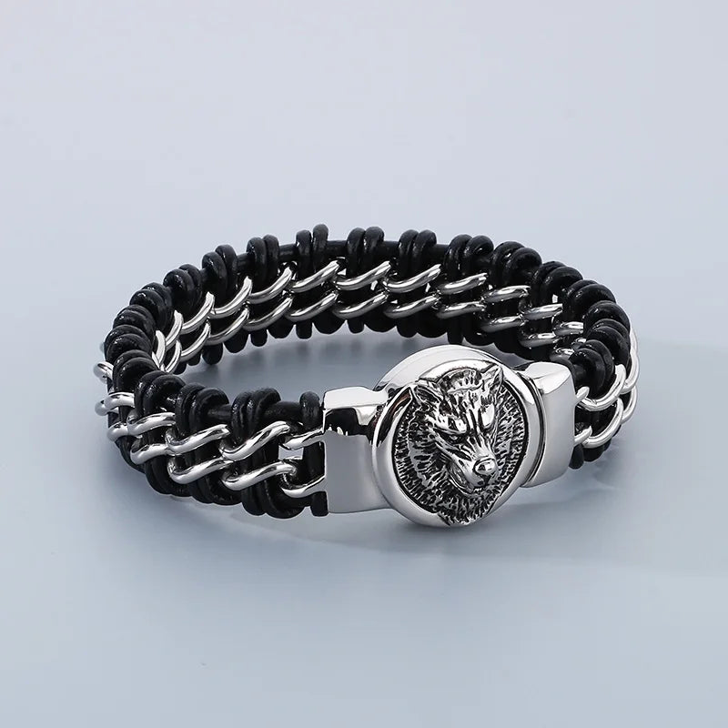 REBEL Fashion Mens Fashion Punk Stainless Steel Bracelet Lion/Wolf Link Chain Bracelet