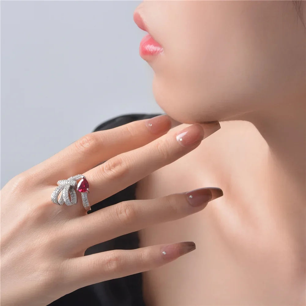 MUSHAN Jewelry Factory 1ct Water Drop Ruby Lab Grown Gemstones Diamond Rings Women Adjustable Opening 925 Sterling Silver Ring