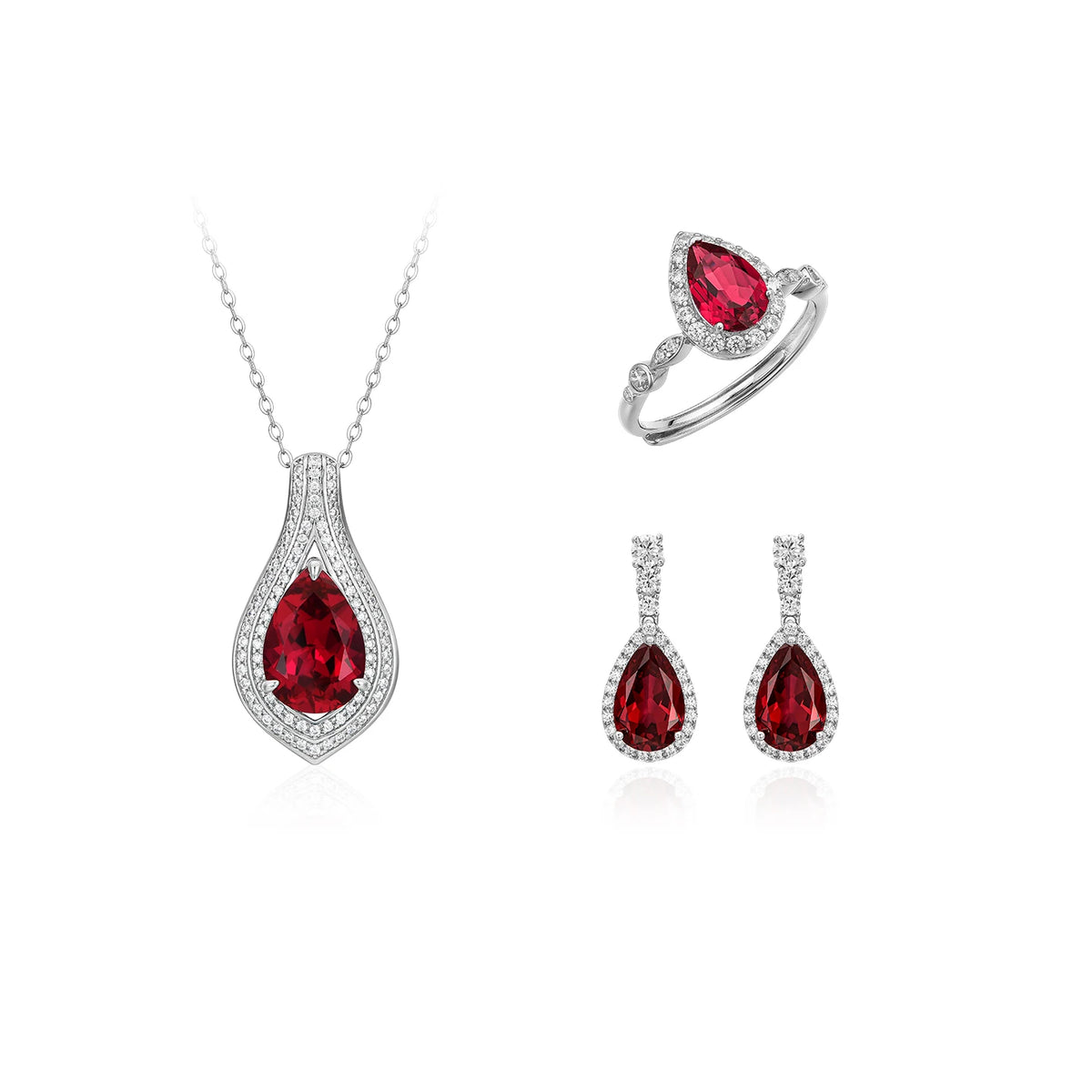 ArtistA 925 Sterling Silver Eternity Necklace Ring Bracelet Earrings Lab Grown Ruby Ring Set Wedding Jewelry Anniversary Gift