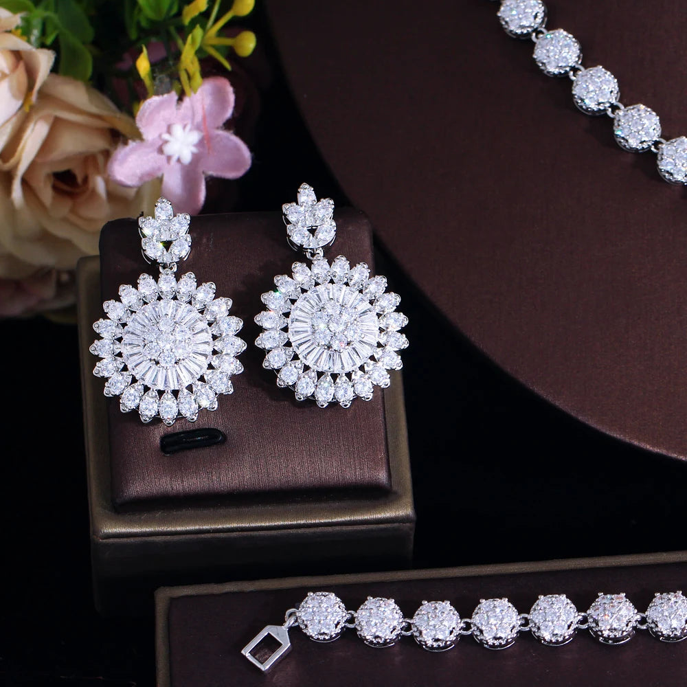 Female Luxury Cubic Zircon Jewelry Set Round Shape 4pcs Necklace Ring Earring and Necklace Jewelry Sets for Women Wedding Party