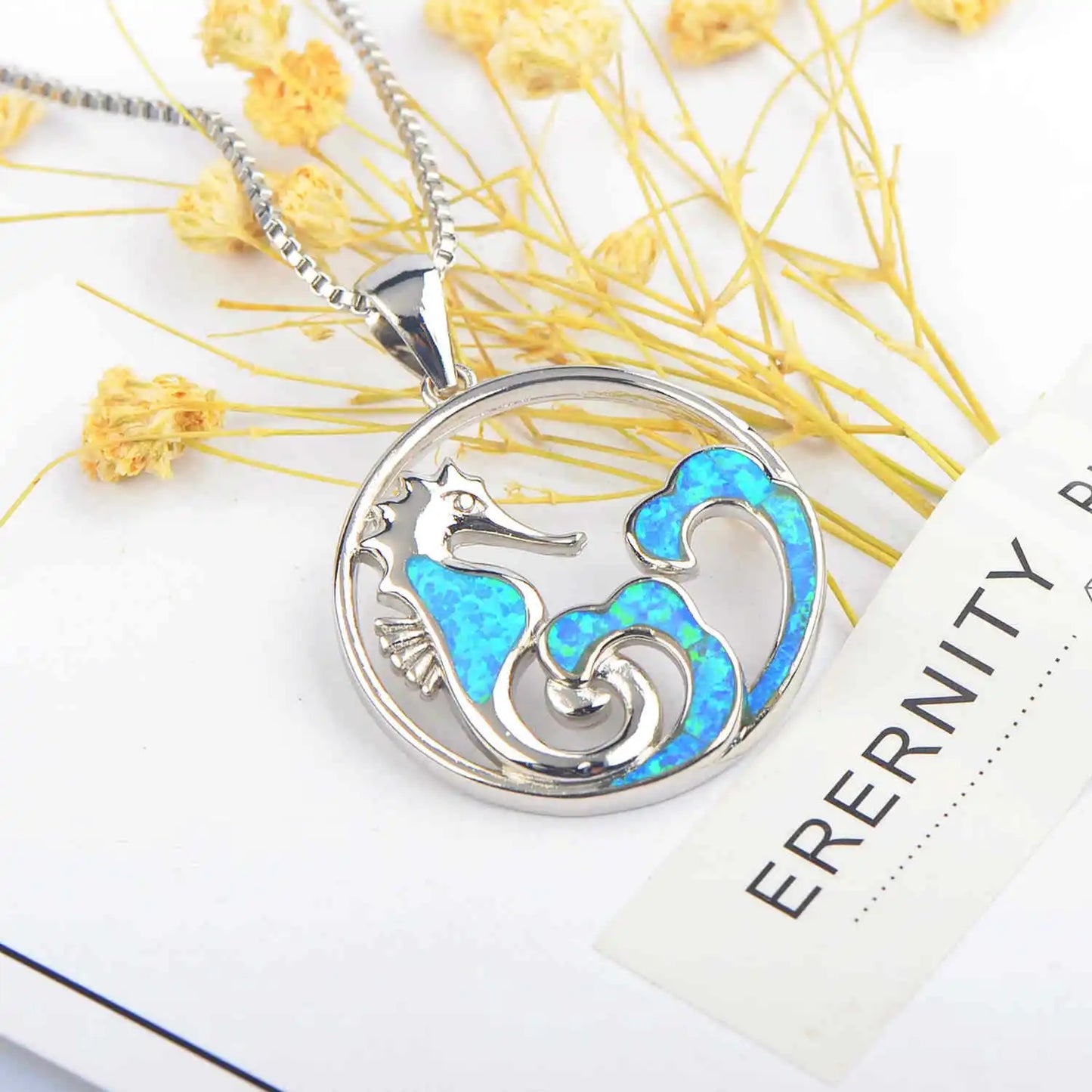 Aobao Christian Copper Link Chain Seahorse Opal Necklace Wave Pendant Sweater Chain