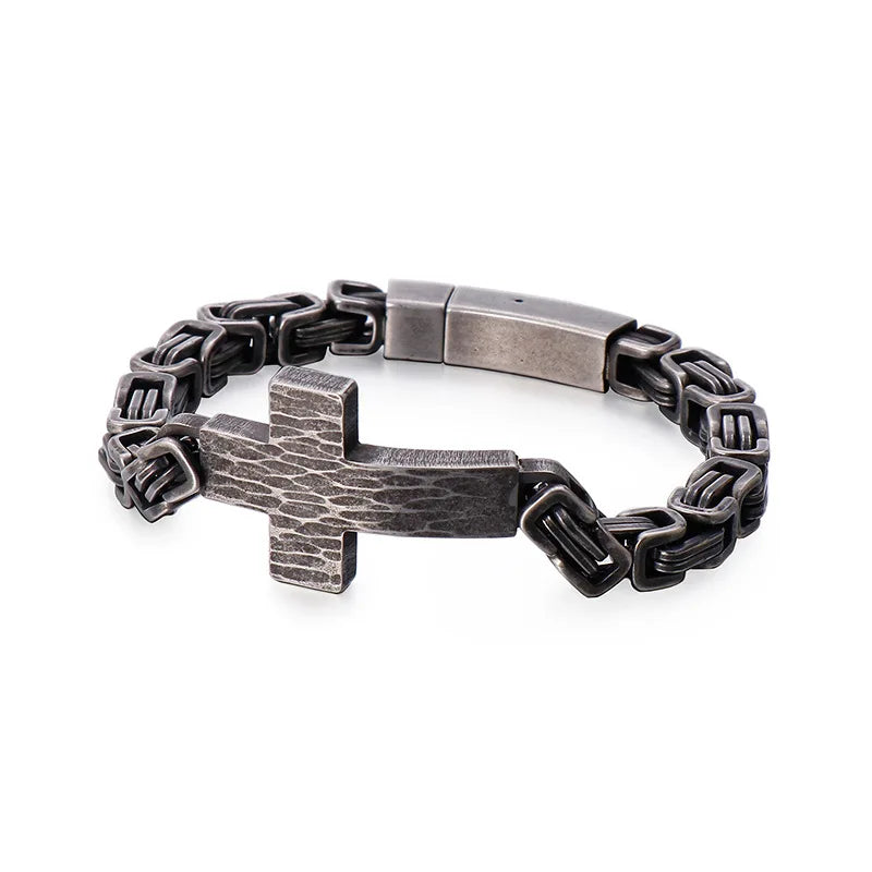 Fashion 18K Gold Plated Stainless Steel Byzantine Chain Cross Bracelet Trendy Jewelry for Men Women Unisex for Anniversary