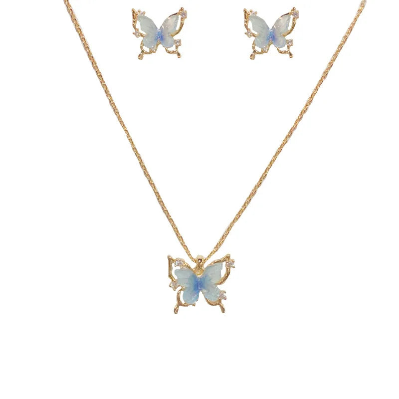 Luxurious Fashion Blue Butterfly Necklace and Earrings Set with Zircon Classic Real Gold Plated Jewelry Set for Women
