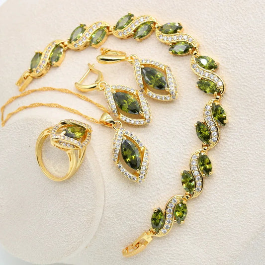 Geometric Gold Jewelry Set for Women 18k Gold Plated Bracelet Earrings Necklace Pendant Ring for Engagement and Weddings