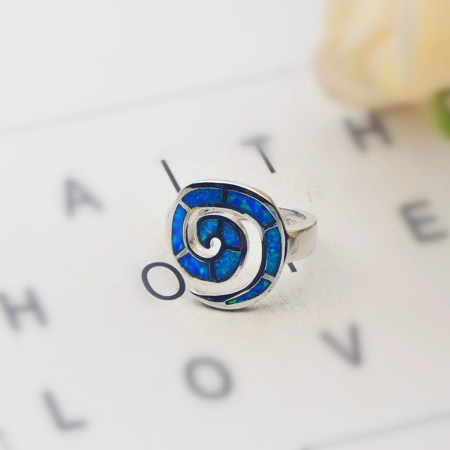 Vortex Blue Opal Twisted Ring | Iridescent Gem Inlay Band | Nature-Inspired Fashion Jewelry for Women Trendy Wear