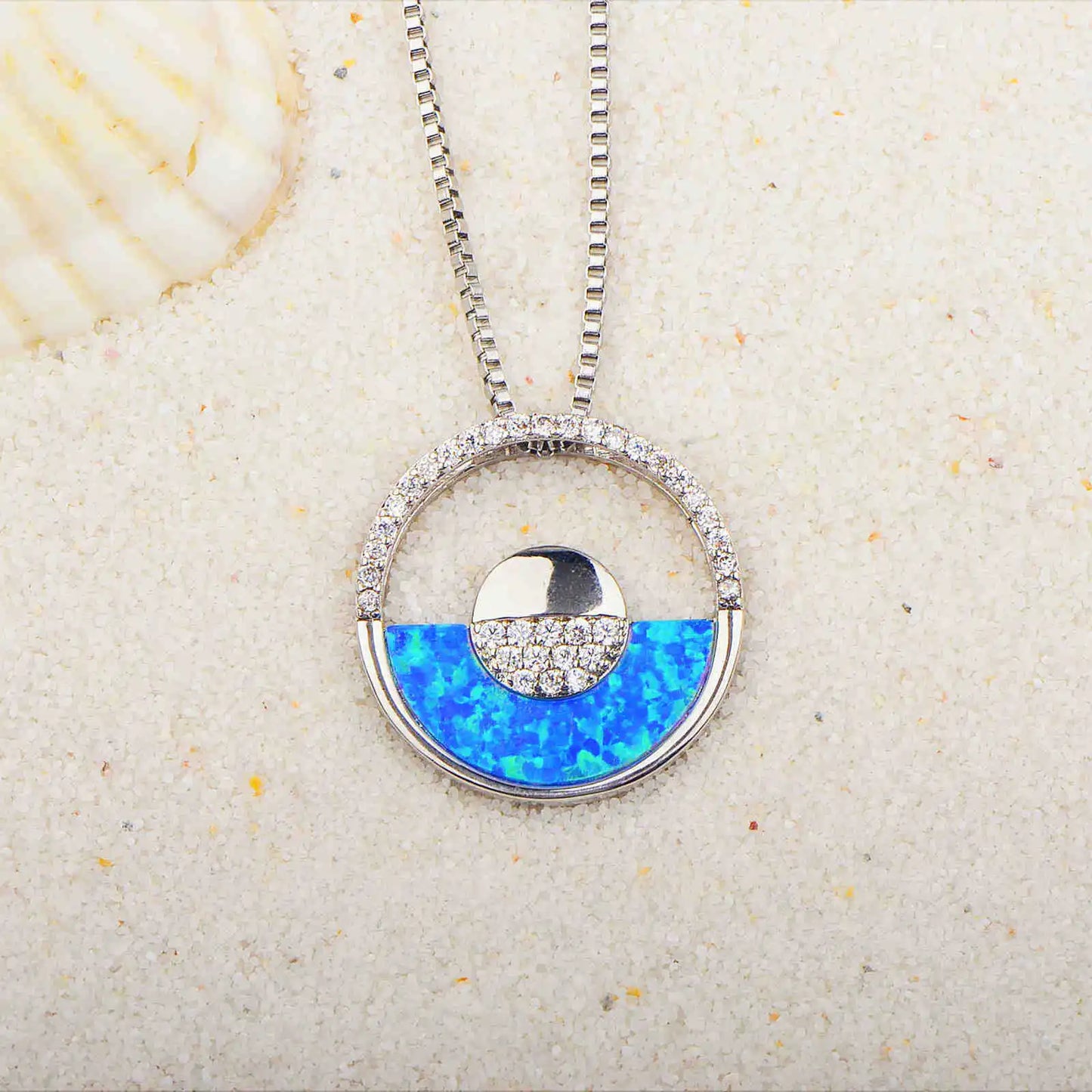 Ins Style Hawaiian Blue Opal Necklace - Round Charm Statement Sweater Chain Boho Jewelry