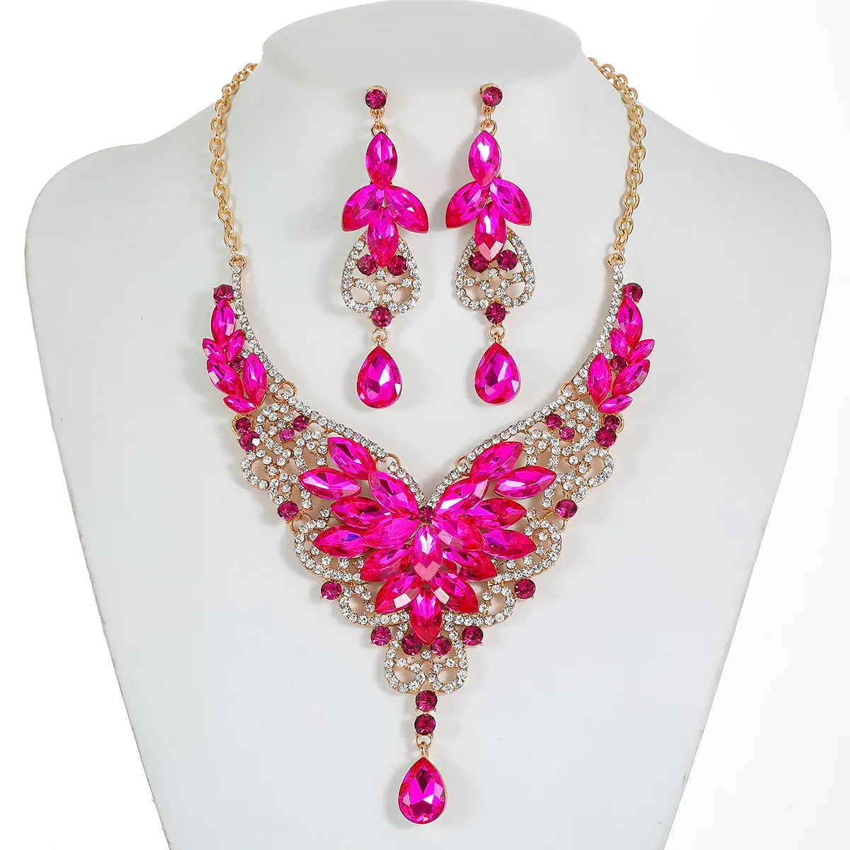 Crystal Stacked Butterfly Necklace & Earrings Jewellery Set | 10 Colours Geometric Glam Fashion Set