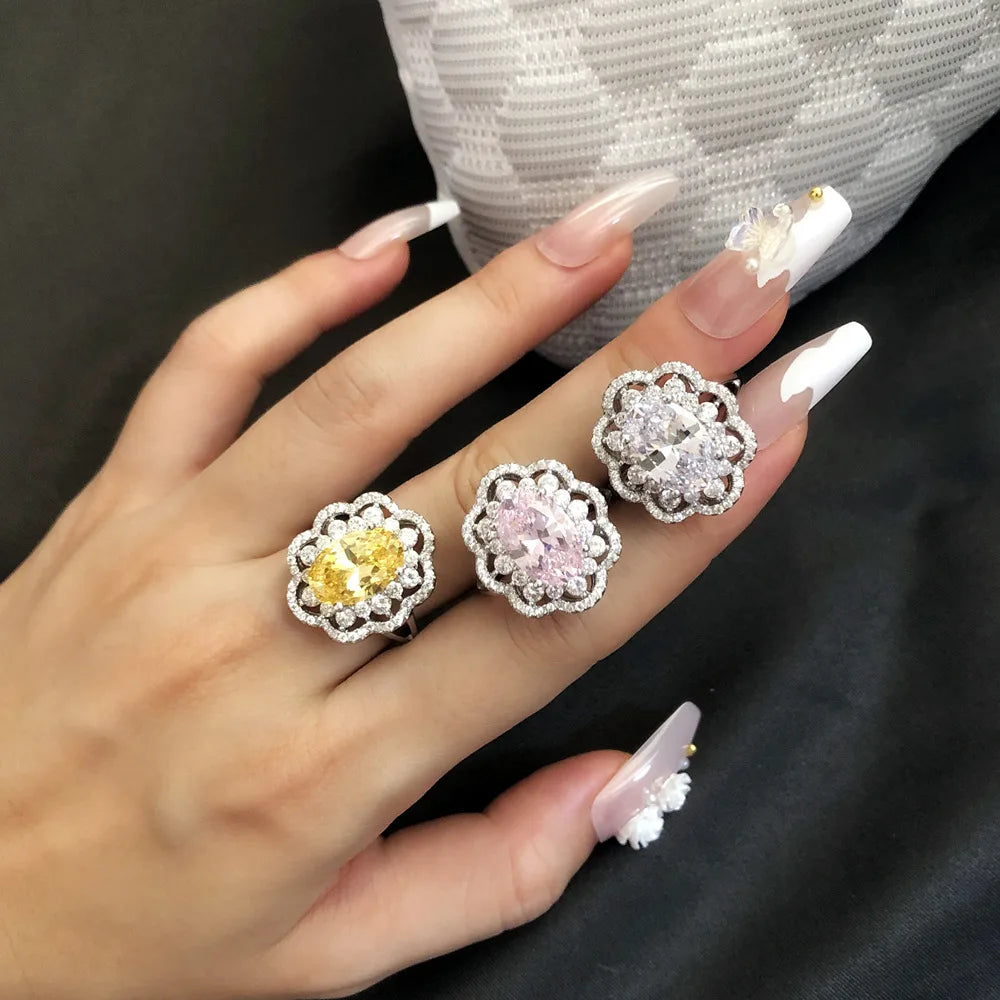 MuShan Jewelry Factory 5.5ct Egg Shaped 8 * 12 Candy pink Diamond 925 Sterling Silver Ring Womens High Carbon Diamond Jewelry