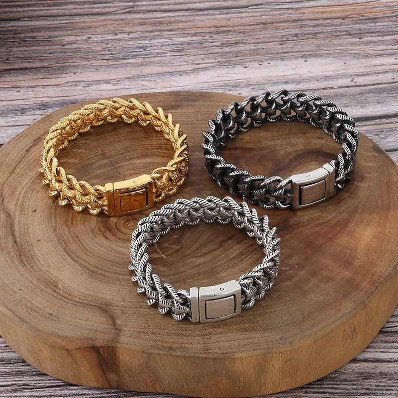 KALEN Men Vintage Matte/Polished 220mm Stainless Steel Striped Links Bracelet