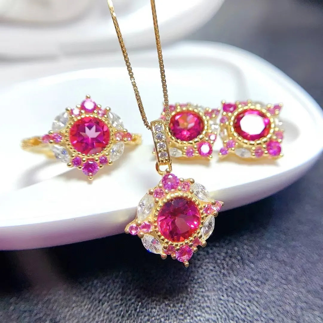 S&S Natural Pink Topaz 925 Silver Jewellery Set | 18K Gold Plated Necklace, Ring & Earrings | November Birthstone | S&S Collection