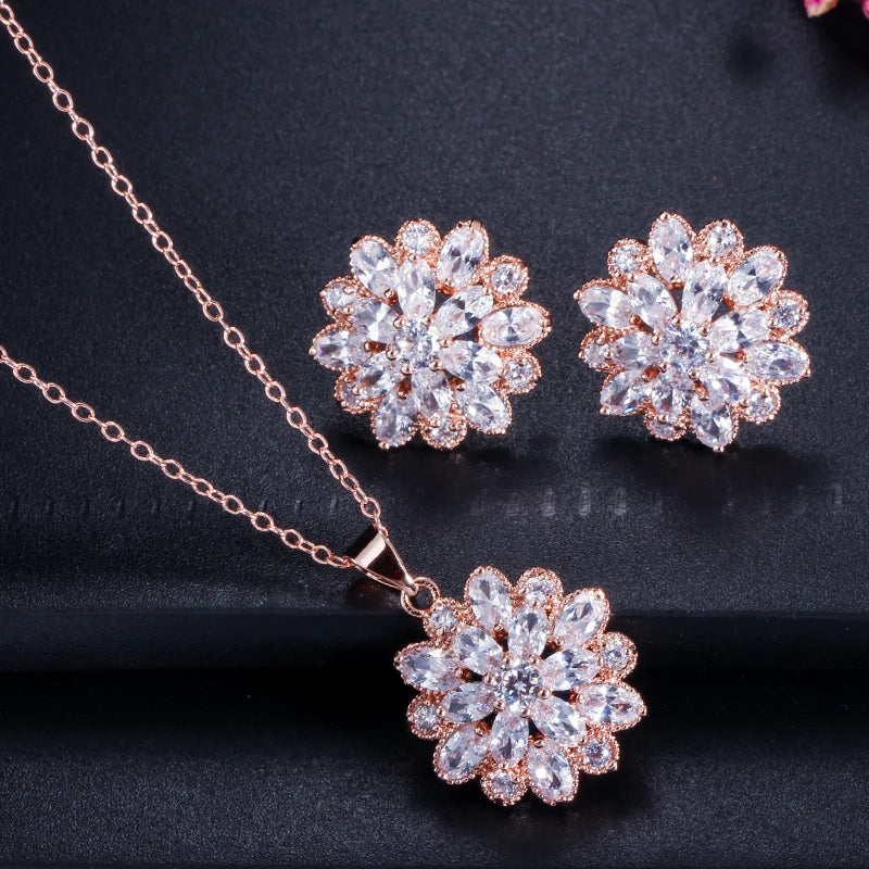 Sparking Clear White CZ Stone Rose Gold Color Women Flower Shaped Stud Earrings and Necklace Jewelry Set for Lady Fashion Gift