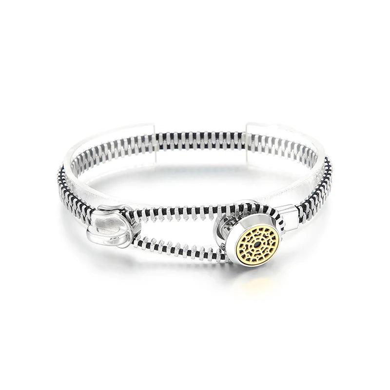 REBEL Unisex Creative Gold/Silver Stainless Steel&Jade Thread Zipper Bracelet
