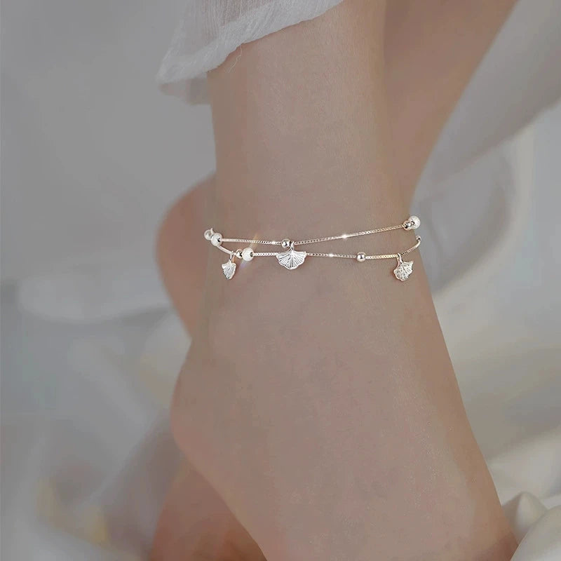 FY-JL033 925 Sterling Silver Anklet Women's Light Luxury Niche Korean Version Versatile High-end Ginkgo