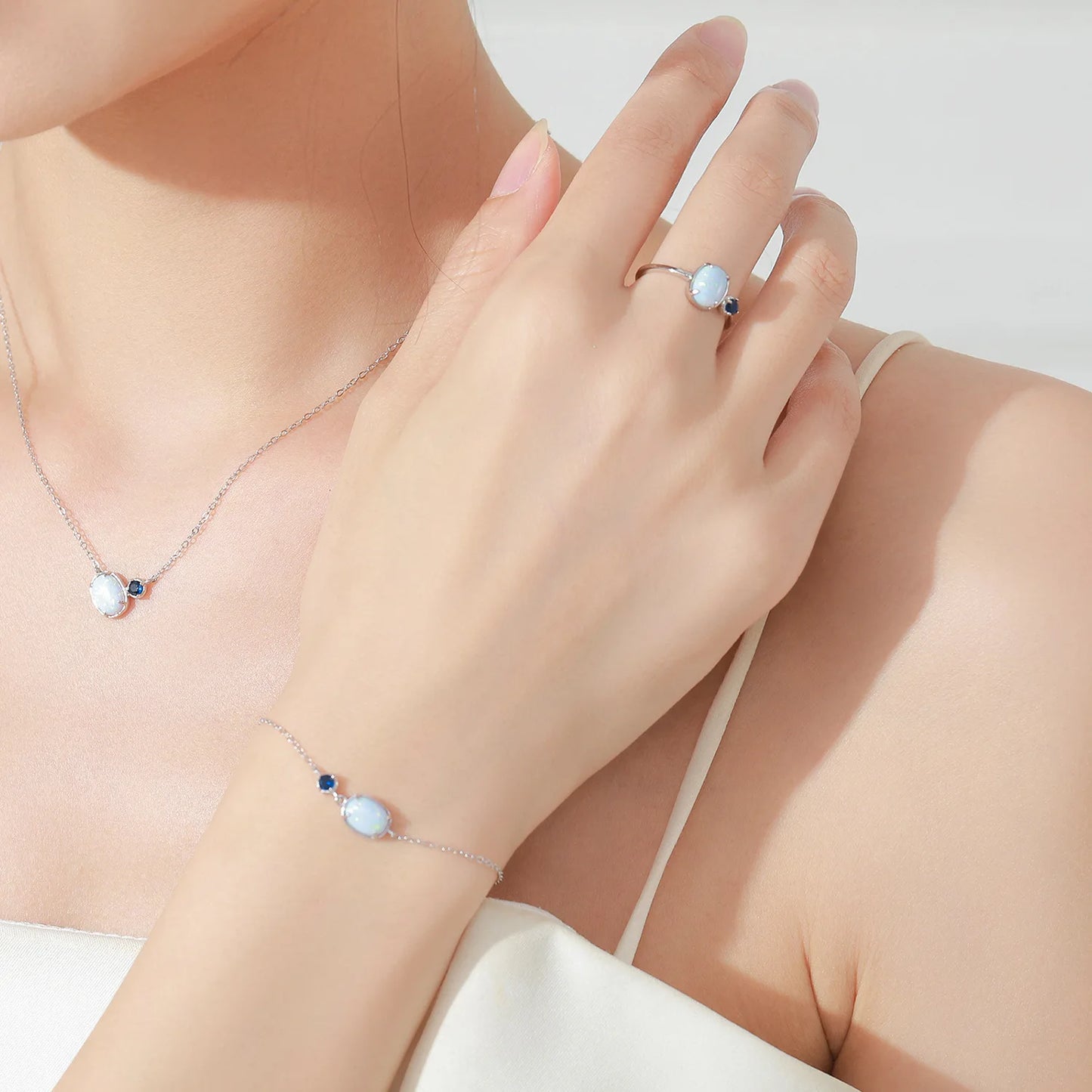 925 Sterling Silver Opal Stone Ring Bracelet Necklace Fashion Temperament Three Piece Blue Jewelry Set Gift Set
