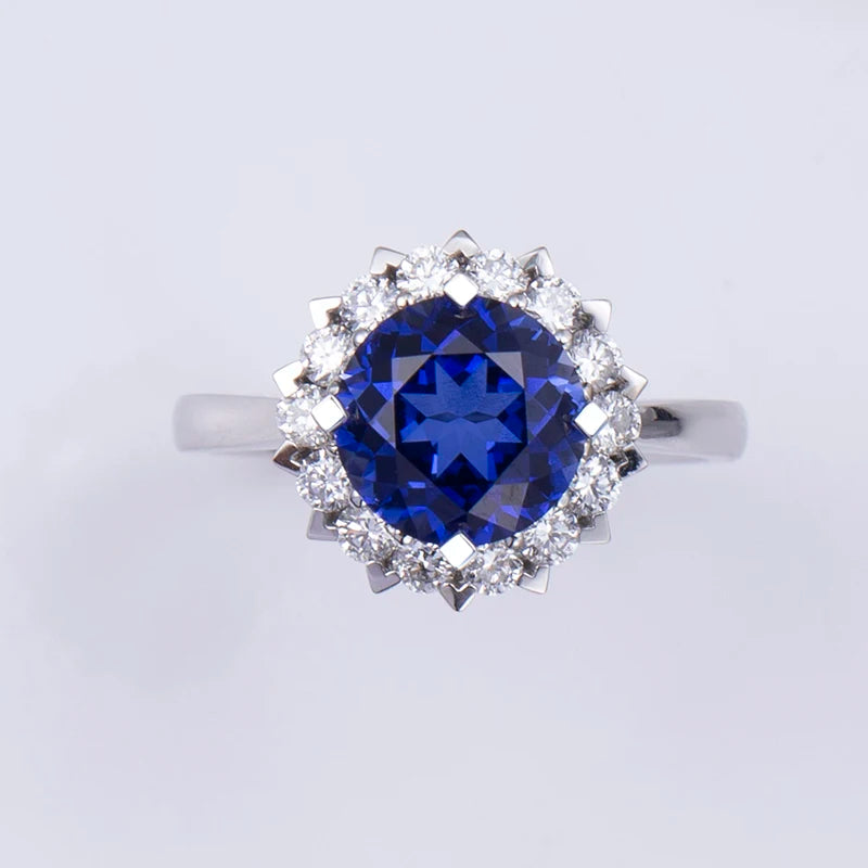 MSR-1201 Customized Jewelry 18K White Gold 8mm Royal Blue Lab Grown Sapphire Round Cut Lab Grown Gemstone Ring