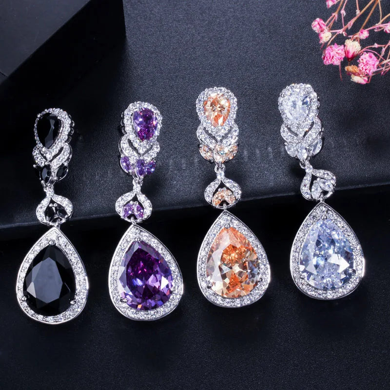 XOTICA 925 Silver Color Water Drop Purple Zirconia Dangle Earrings Trendy Bridal Jewelry for Women's Party Wedding Giftable Dangle