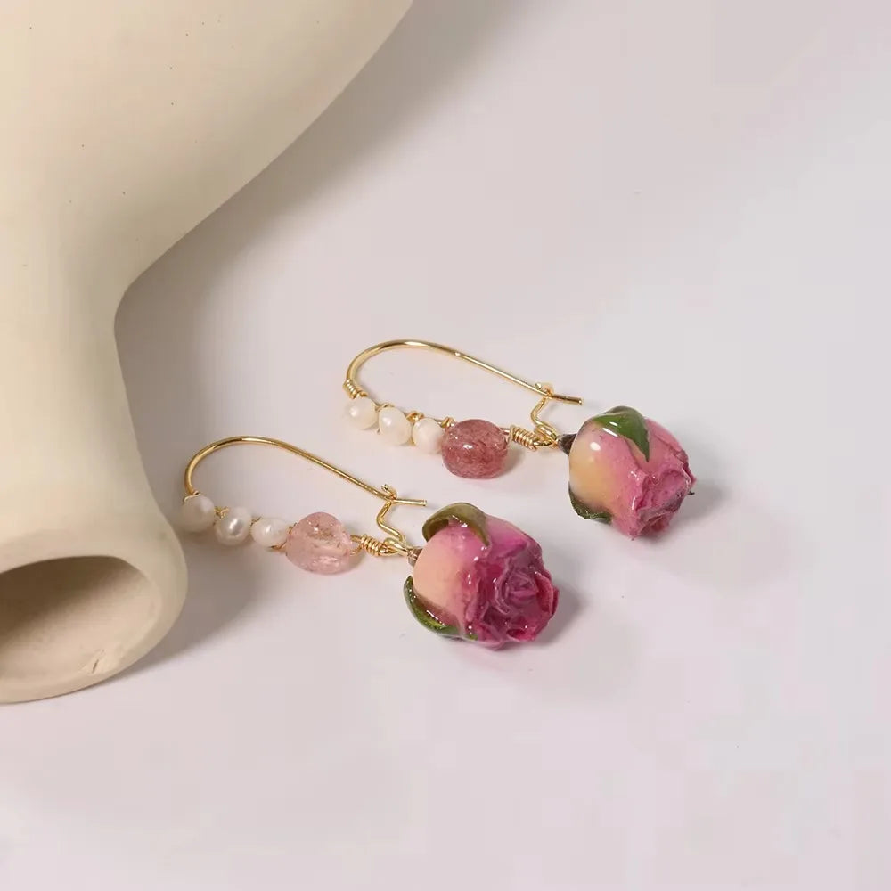 Natural Freshwater Pearl Drop Gel Flower Earrings Korean Style Women Luxury Jewelry Fashion Ladies and Girls Gift GE1521