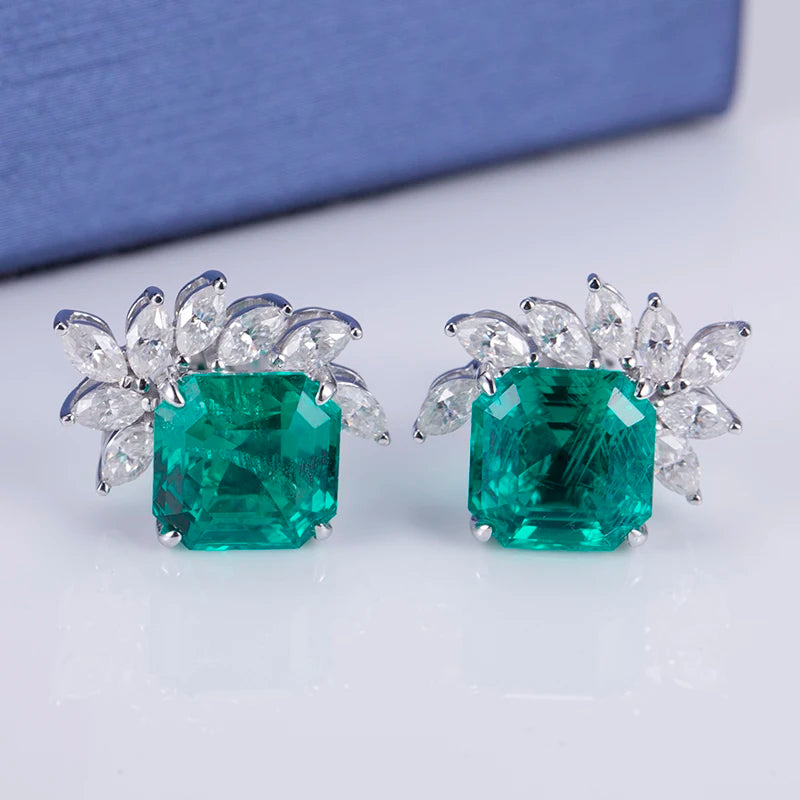 Messi Jewelry MSE-524 18k Gold Lab Grown Emerald Jewelry Moissanite Stud Earrings